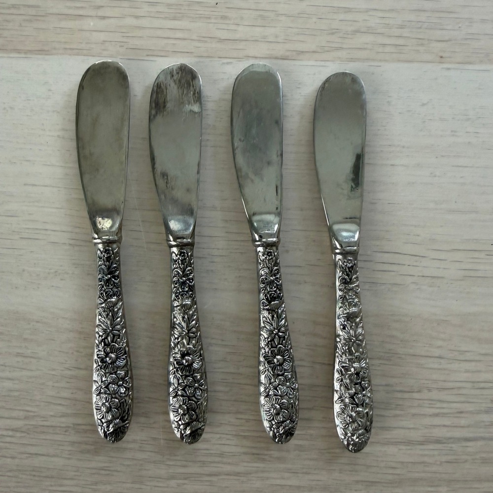 Vtg Godinger Floral Repousse Butter Spreader Set 4 Silver Tone Ornate Flatware
